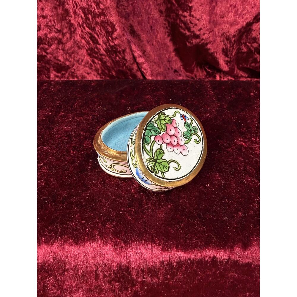 Vintage Miniature Canton Enamel Pill Box Vining Grape Cluster with Floral Border